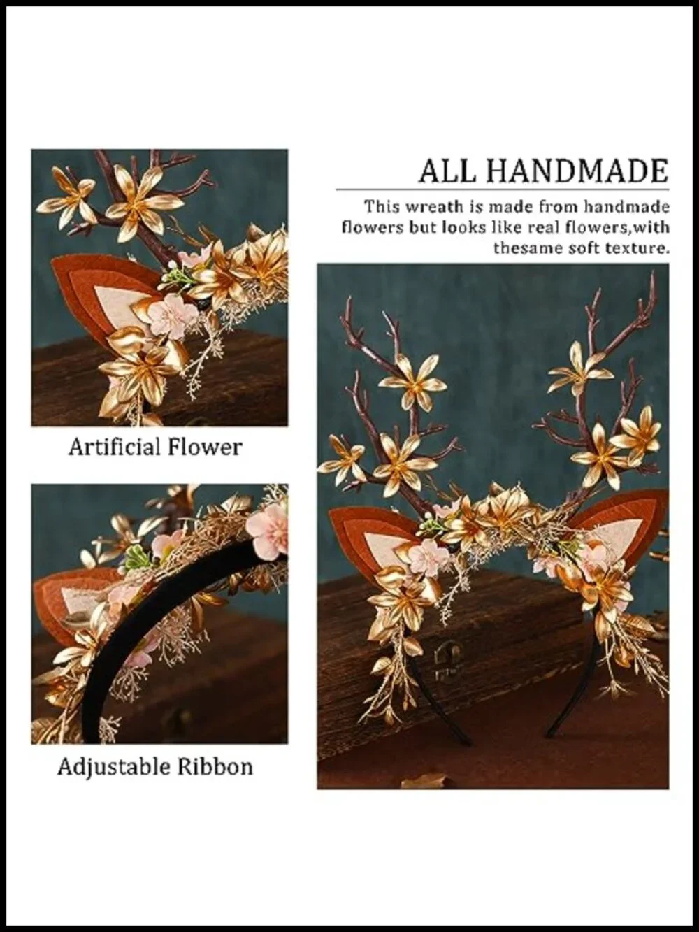 Handmade Antler Branch Headband Gold Adjustable Reindeer Tree Crown Floral